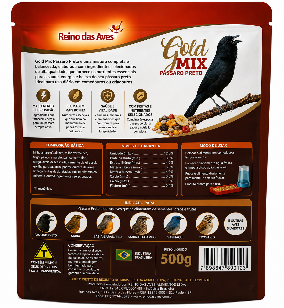REINO DAS AVES GOLD MIX  Pássaro Preto • Alimento Premium para Aves • 500g