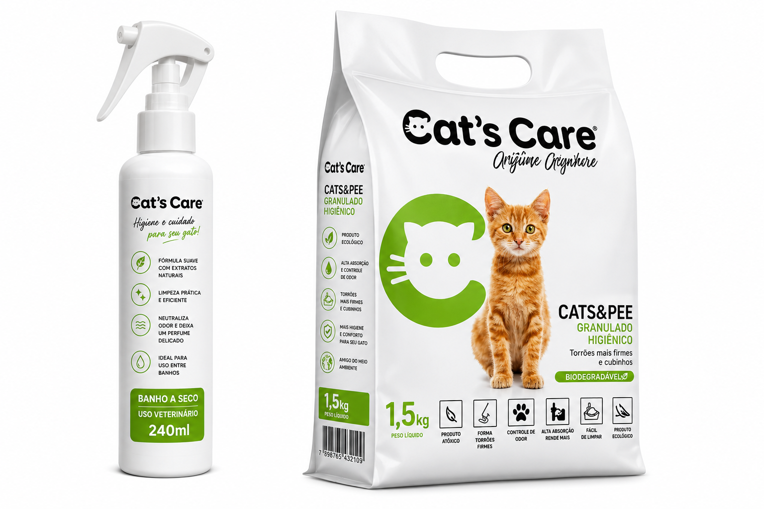 CAT’S CARE  Kit Higiene Felina Premium • Banho a Seco 240ml + Granulado Higiênico 1,5kg