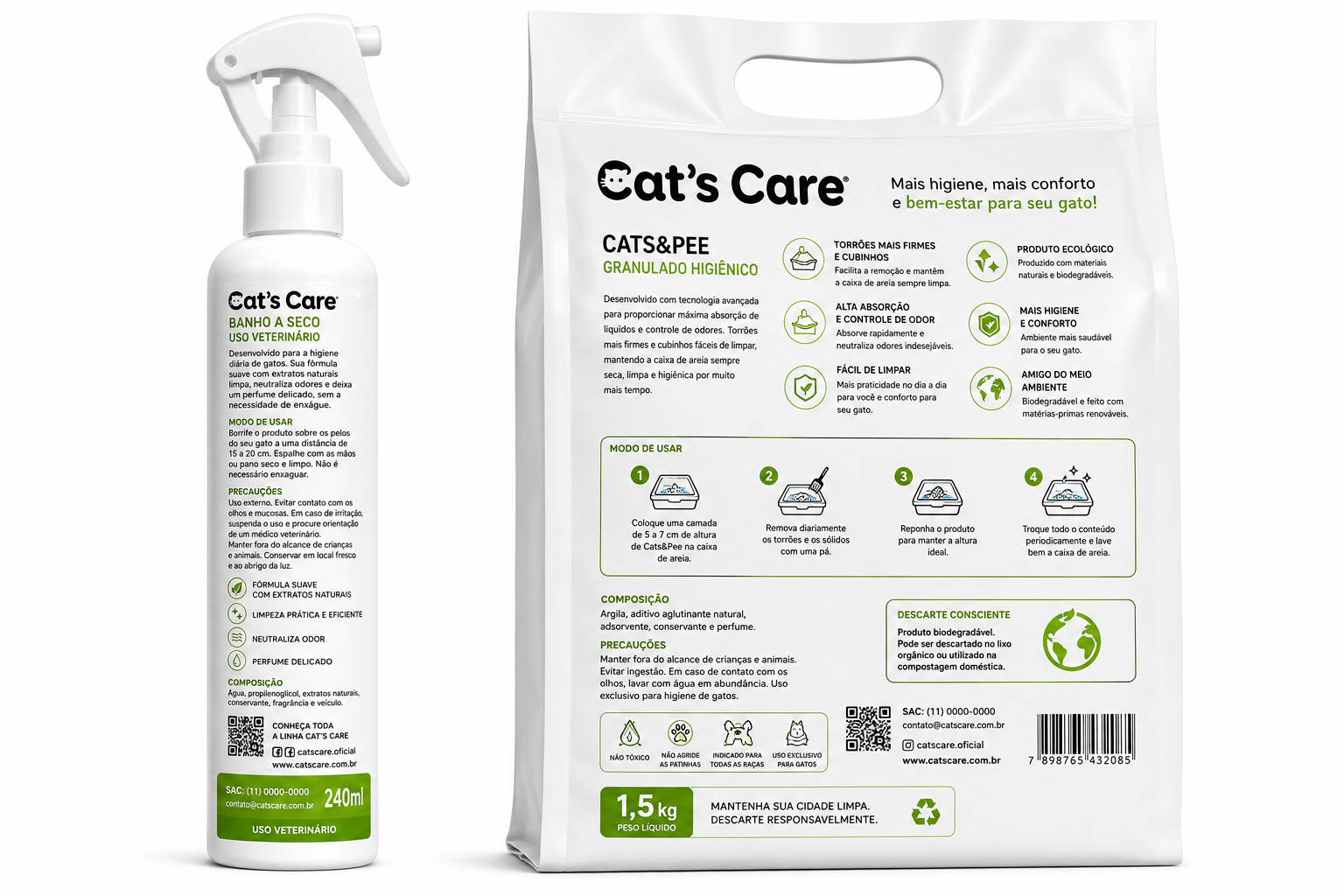 CAT’S CARE  Kit Higiene Felina Premium • Banho a Seco 240ml + Granulado Higiênico 1,5kg