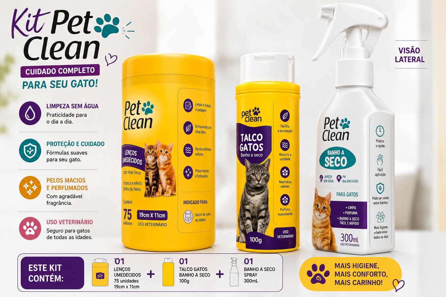 PET CLEAN  Kit Higiene Completa para Gatos Lenços Umedecidos + Talco Banho a Seco + Banho a Seco Spray