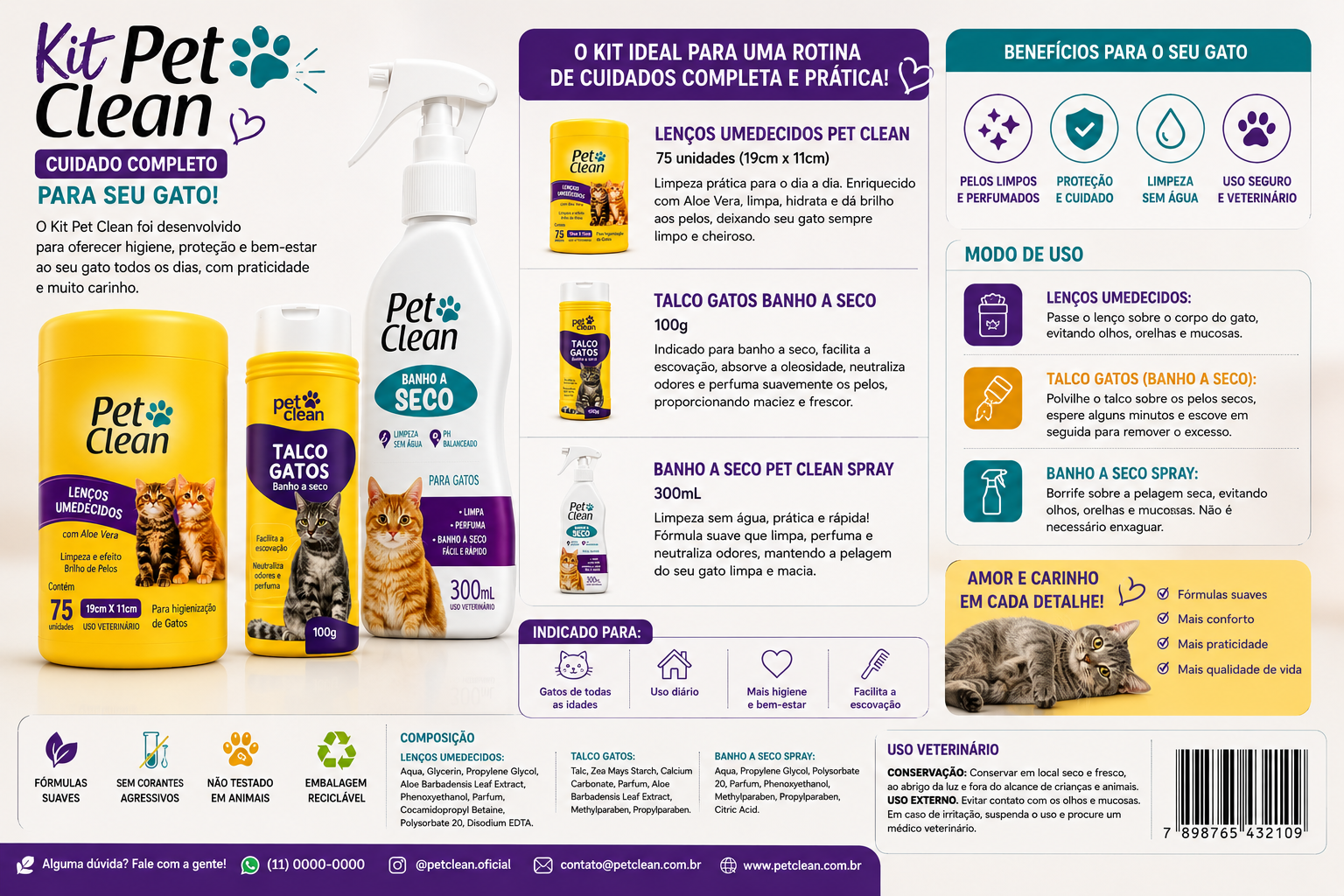 PET CLEAN  Kit Higiene Completa para Gatos Lenços Umedecidos + Talco Banho a Seco + Banho a Seco Spray