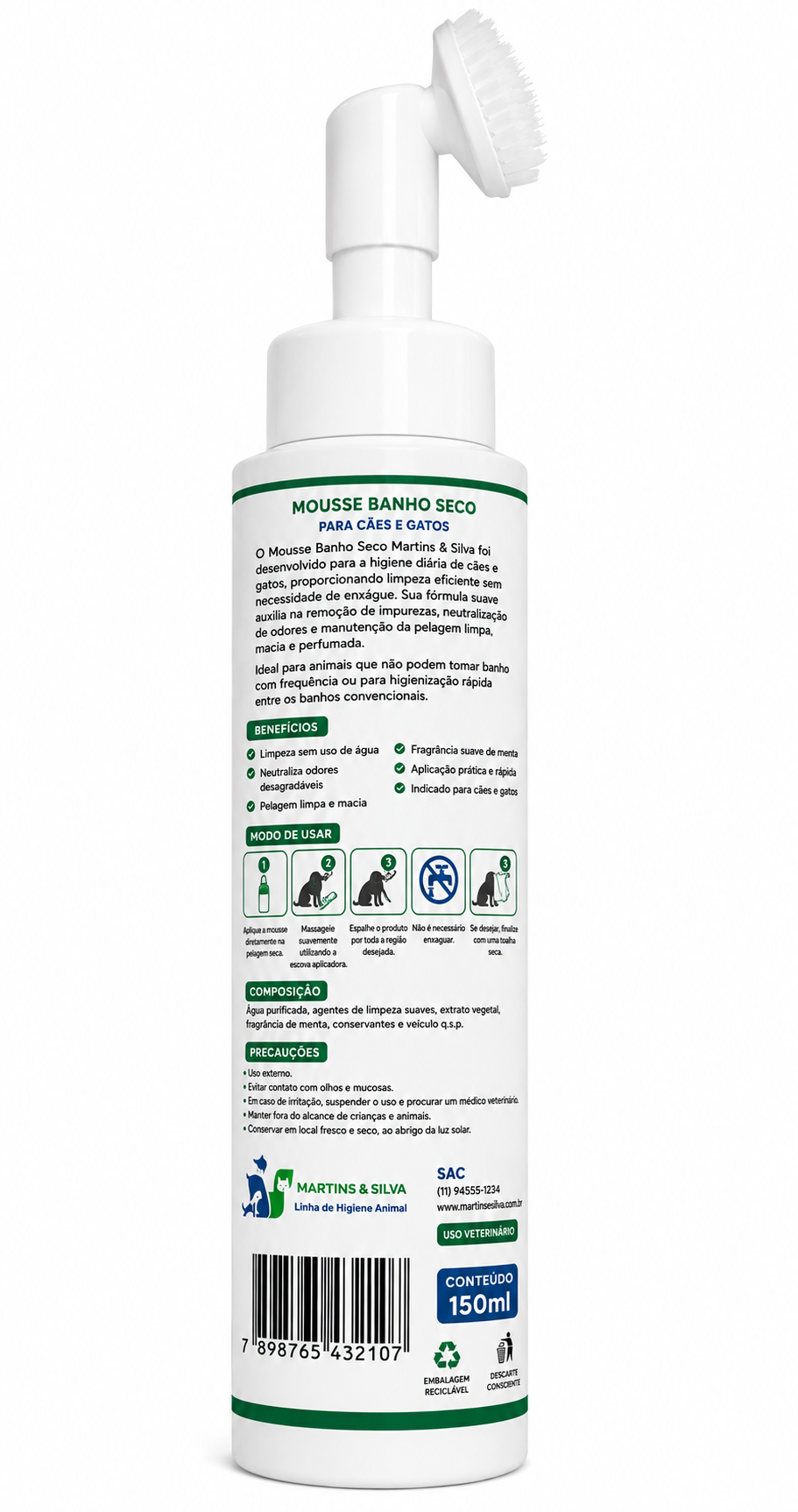 MARTINS & SILVA  Mousse Banho Seco para Cães e Gatos • 150ml